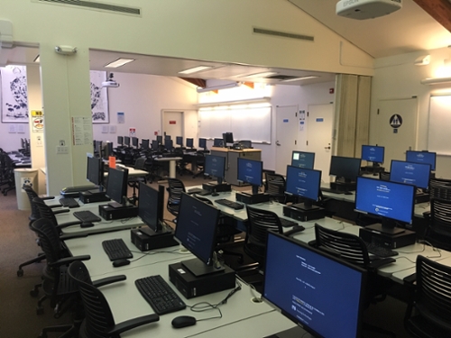 Rows of chairs and pc computers in the ming ong lab