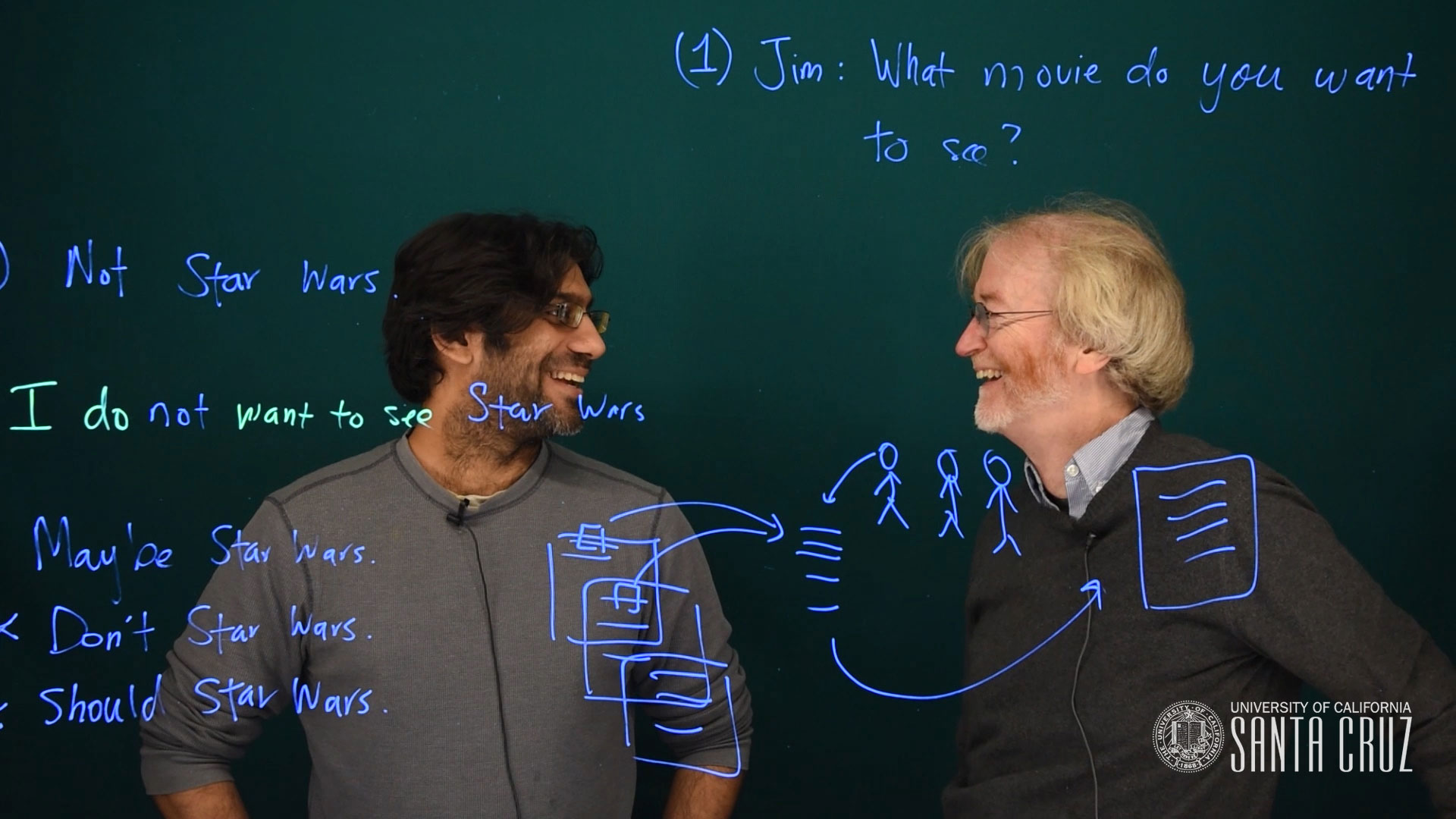 Linguistics Professors Pranav Anand and Jim McCloskey use the Learning Glass to present engineering problems with linguistic theory 