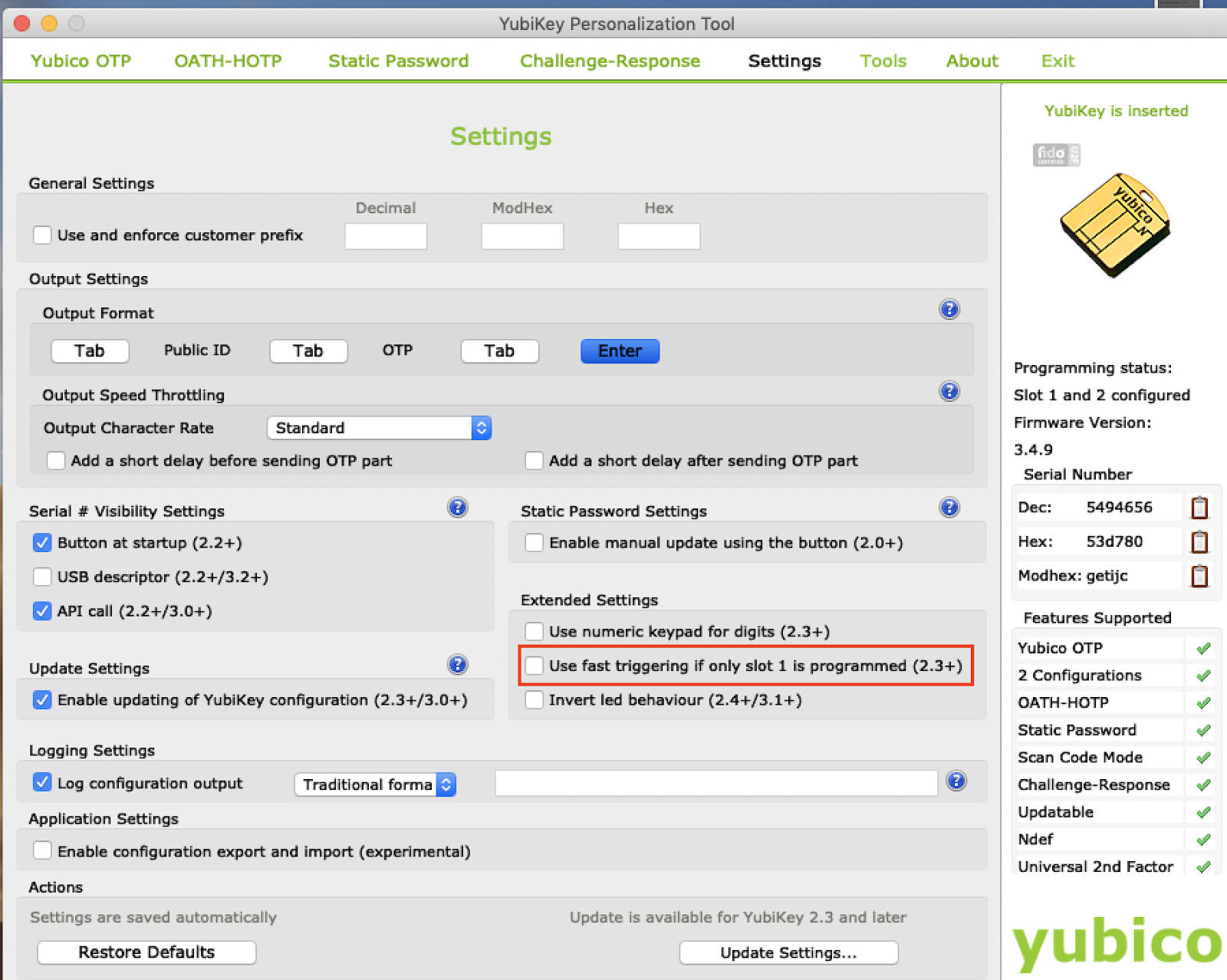 YubiKey personalization tool settings screenshot
