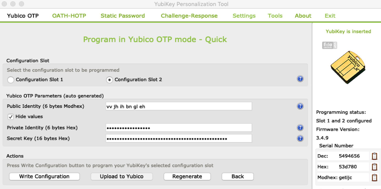 Program in Yubico OTP mode - quick screenshot