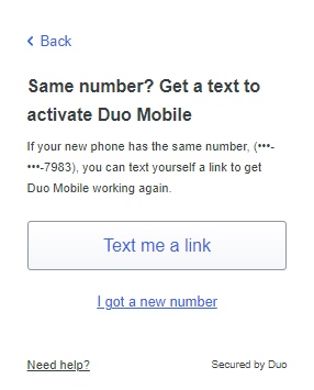 Get a text to activate Duo Mobile screen