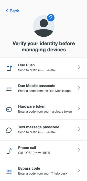 Verify identity to manage devices screen