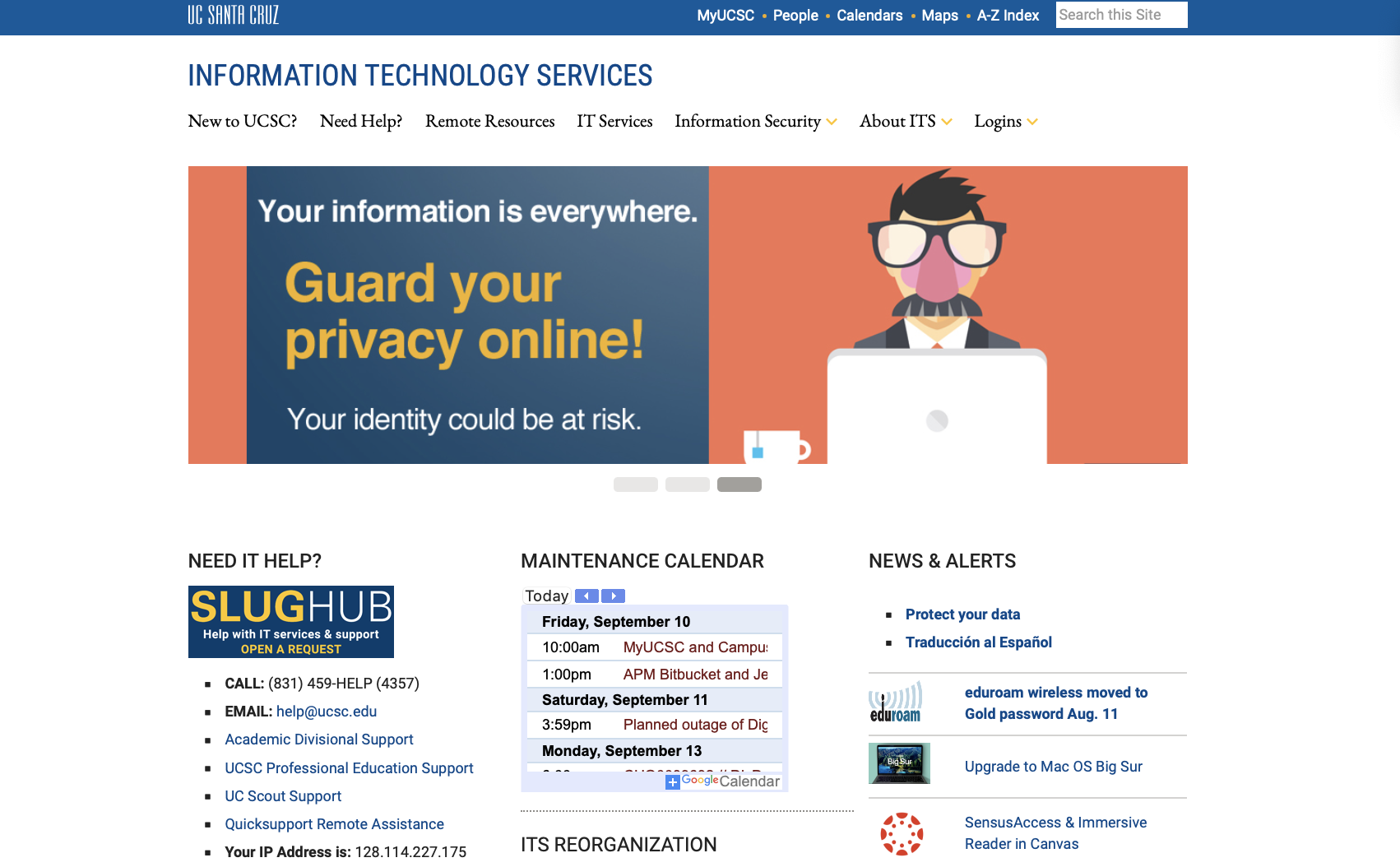 screenshot of ITS homepage