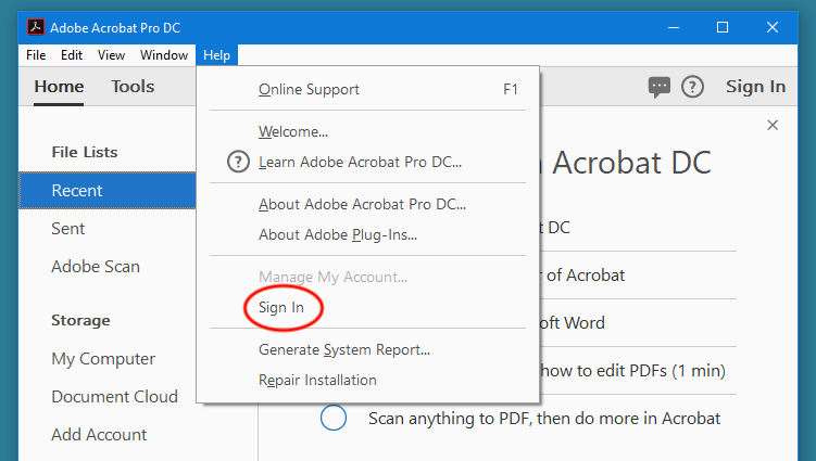 Adobe acrobat sign in